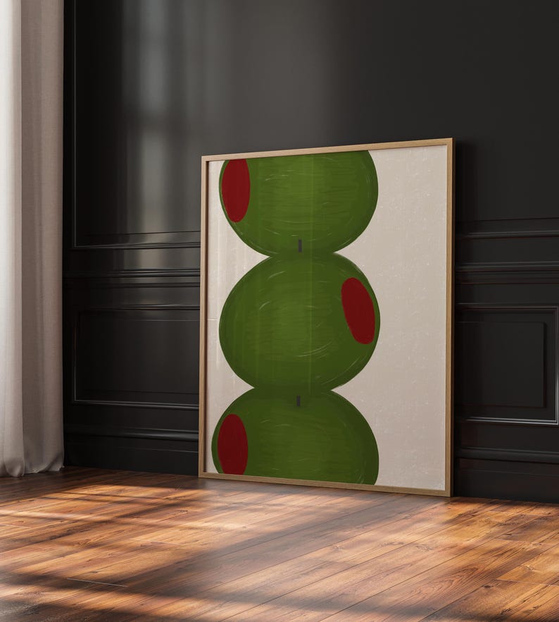 Hand drawn art print of three large olives off center to the left.