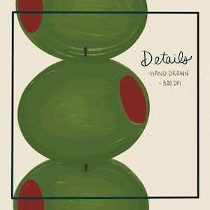 May include: Three green olives with red centers stacked on top of each other. The olives are hand-drawn and have a textured appearance. The image has a white background with the text "Details - HAND DRAWN - 300 DPI" in black.