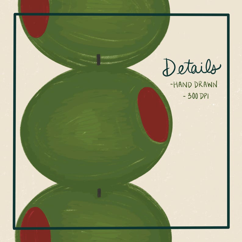 May include: Three green olives with red centers stacked on top of each other. The olives are hand-drawn and have a textured appearance. The image has a white background with the text "Details - HAND DRAWN - 300 DPI" in black.