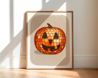 Stampa artistica di zucca con palla da discoteca, decorazione da parete di Halloween, decorazione con palla da discoteca, decorazione con dopamina, Halloween alla moda, stampa artistica funky, poster massimalista