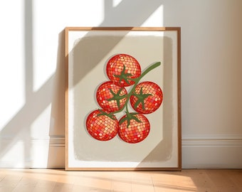 Diskokugel Tomate Kunstdruck, Küche Poster, Disco Essen, Dopamin Dekor, Diskokugel Dekor, College Wohnung Dekor, Y2K, Digital Download