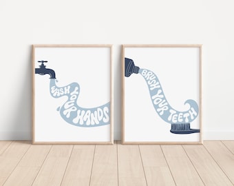 Brush Your Teeth Art Print, Wash Your Hands Art Print, Funny Bathroom Art, Set of 2 Prints, College Apartment Decor, Digital Download