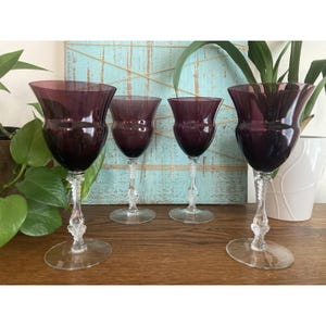 Vintage Set of 4 Cambridge Crystal Amethyst 7 7/8&quot; Water Goblet Glasses