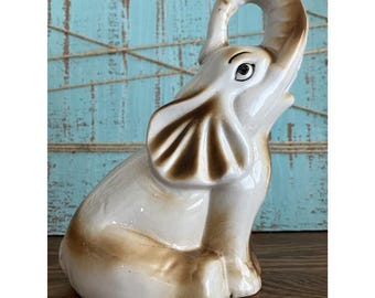 VTG Trunk Up Ceramic Elephant Figurine Statue High Gloss Made in China 6" Tall