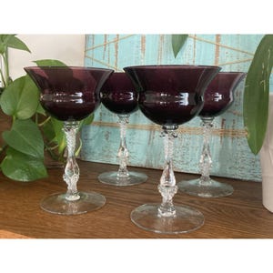4 Cambridge Amethyst Tall Sherbet Champagne Crystal Purple Glass 1940&#39;s VTG