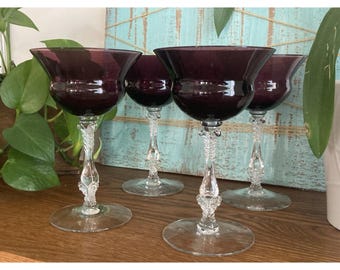 4 Cambridge Amethyst Tall Sherbet Champagne Crystal Purple Glass 1940's VTG