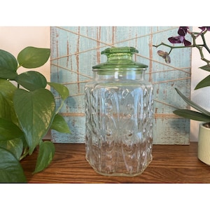 Vtg LE Smith Imperial Atterbury Scroll Green Lid Glass Canister Apothecary Jar