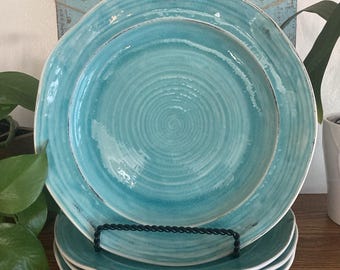 SET OF 4 PIER 1 Midori Crackle Turquoise 10-3/8" Dinner Plates New