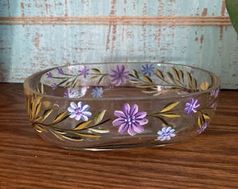 Hand Painted Glass Soap Dish Trinket Tray  Spring Flowers Glass Daisies Footed