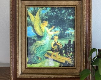 VTG Light Up Guardian Angel Child Crossing Bridge Gold Frame Holographic Lamp