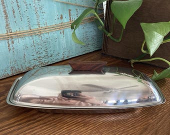Vintage Stainless Steel Butter Dish MCM Wood Handle Japan Covered Lidded 18-8