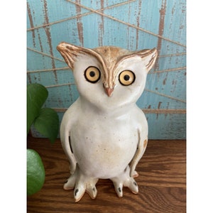 Hand made Signed Snowy Barn Owl Terra Cotta Sculpture 9” Glass Eyes