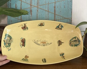 VTG 15x8x3" MCM Yellow Fruit Bowl Footed North Carolina Landmarks Transfer Ware