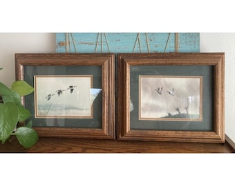 VTG Framed Waterfowl Duck Geese Scenes Man Cave Hunter Green Cabin Art Set Of 2