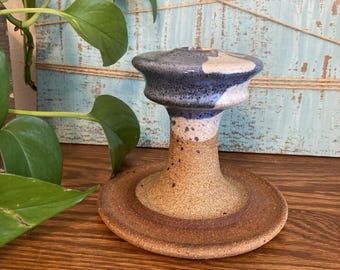 VTG Stoneware Art Pottery Blue White Drip Glaze Bohemian Taper Candle Holder