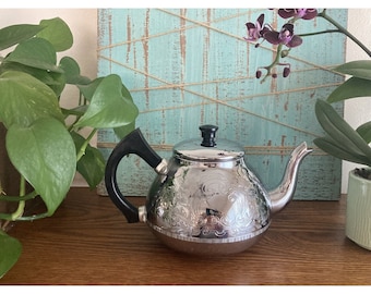 Vintage Swan Brand Floral Aluminum 6 Cup Teapot The Carlton Made In England