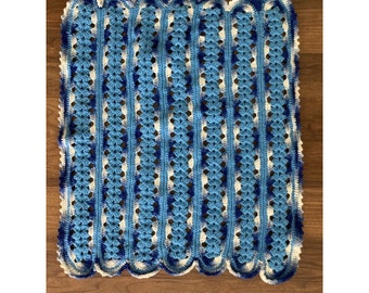 Vintage Crochet Table Runner Blues And Whites Hannukah Chair Cover 22”x 25”
