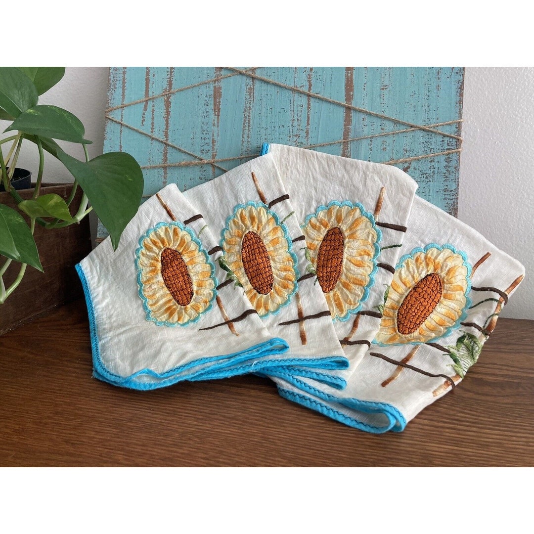 VTG MCM Sunflower Thanksgiving Cloth Napkins With Leaves Blue Trim Set ...