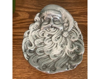 Vintage Pewter Silver Santa Claus Christmas Candy Dish Tray 7"