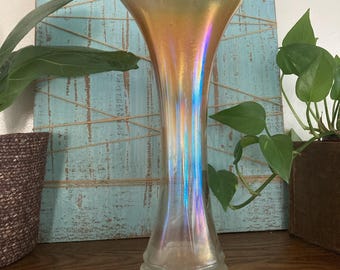 Marigold Iridescent Carnival Glass Vase Rib Fluted Ruffled Edge Imperial Glass