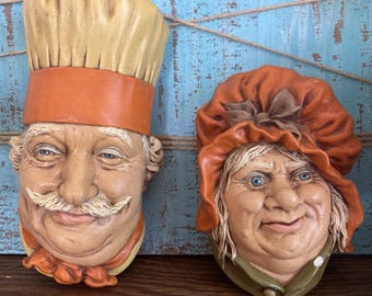 VTG Bossons &quot;Chef&quot; & Sarah Gamp Woman Chalkware Set 3D Kitchen Wall Decor 60’s