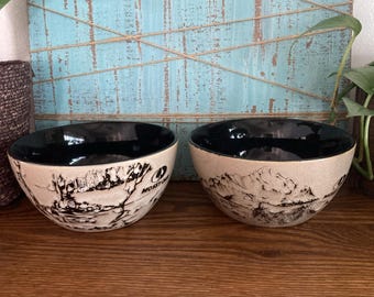 Mossy Oak Brown Cereal Bowls Set of 2 Mountain Scenes Cabin Rustic Lodge Dishes