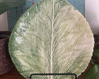 Antique Vintage French Majolica Plate Green Cabbage Leaf  11 x 10” READ