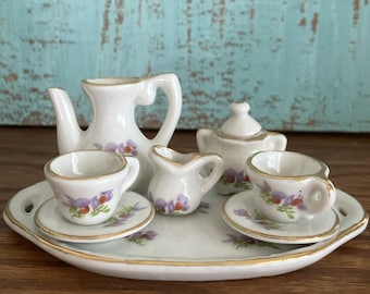 Vtg Mini Ceramic Tea Set Purple Violets Floral Gold Trim Doll