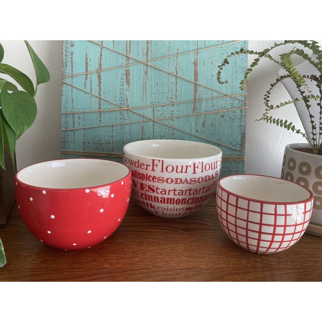 Pier 1 Set of 3 Ceramic Red White Nesting Mixing Bowls Kitchen 6 5 4 ...