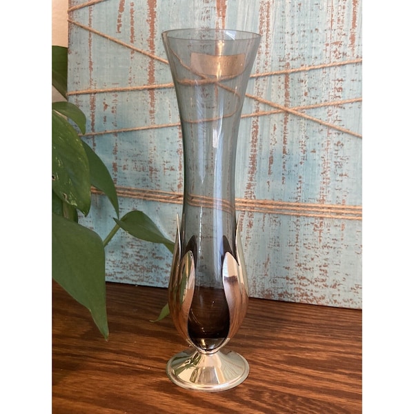 VTG Broadway Quist West Germany Smoky Glass and Metal Tulip Bud Vase Silverplate