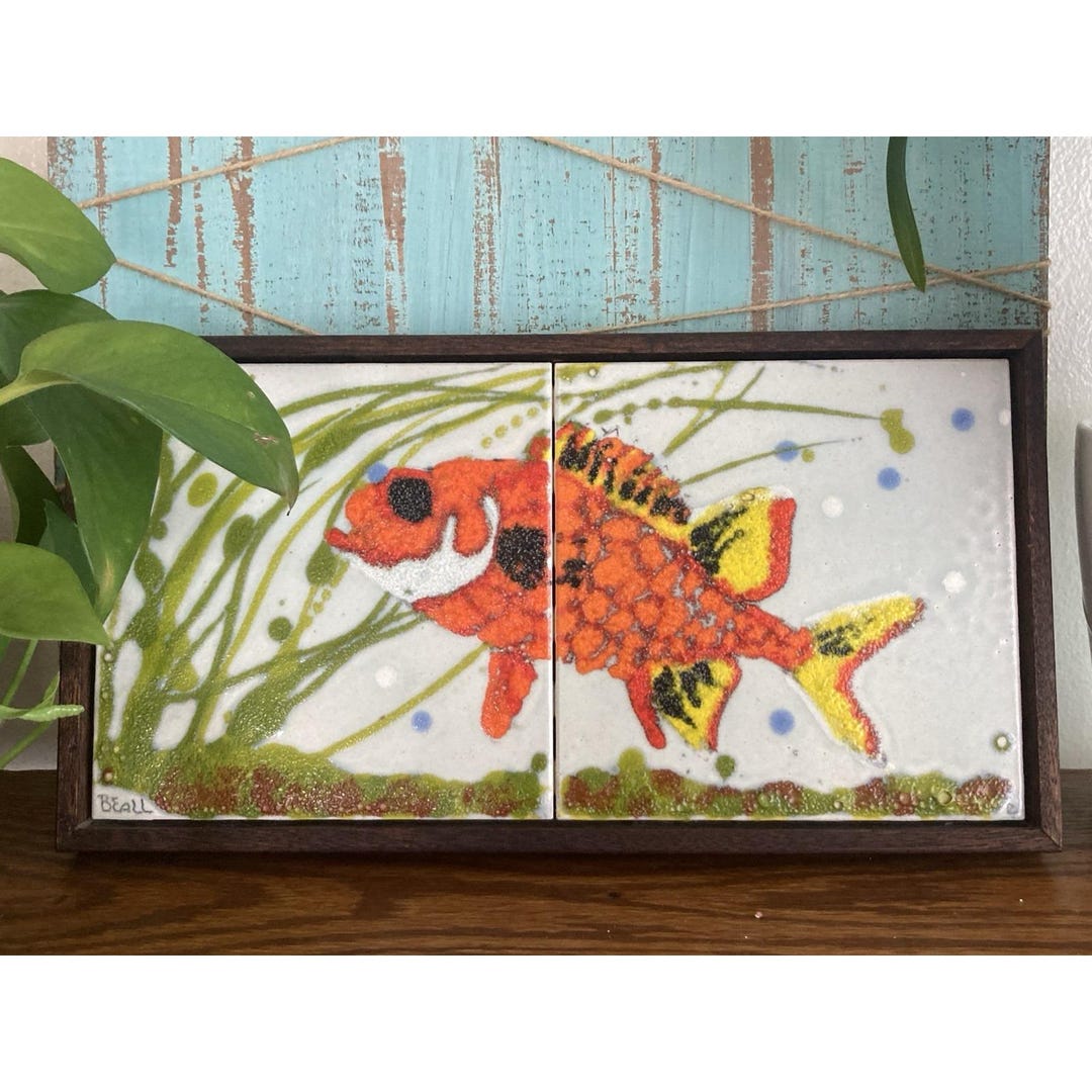 Vintage Barbara Beall Art Tile Goldfish Koi Pond Scene Framed Signed - Etsy