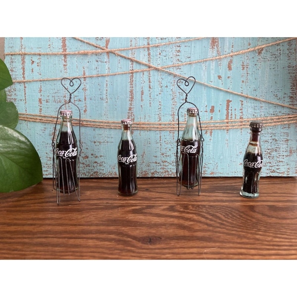 VTG 4 Coca Cola Miniature Glass Bottles 3" Tall Original Liquid Tin Wire Holders