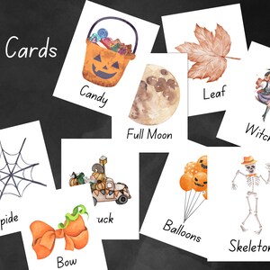 May include: Set of 30 Halloween-themed flashcards featuring illustrations of a spider web, bow, pumpkin truck, full moon, candy bucket, leaf, witch on a broomstick, balloons, skeleton, and the words "Spide", "Bow", "Truck", "Full Moon", "Candy", "Leaf", "Witch", "Balloons", "Skeleton".