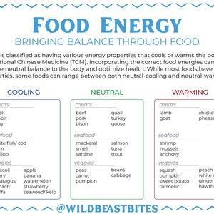 K&ouml;nnte beinhalten: Ein Diagramm mit dem Titel "Nahrungsenergie: Gleichgewicht durch Essen" kategorisiert Lebensmittel in drei Gruppen: K&uuml;hlend, Neutral und W&auml;rmend. Jede Gruppe listet Fleisch, Meeresfr&uuml;chte und Gem&uuml;se mit Beispielen auf.