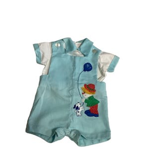 Vintage Boys 2 Piece Summer Shortalls Romper Shorts Puppy Dog Clown Embroidery