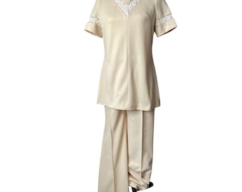 Vintage Polyester Pantsuit Tunic Top Dagger Collar Pants Crochet Lace 60-70s Set