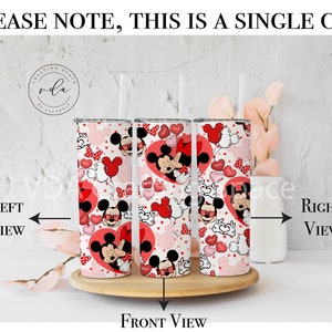 May include: A set of three stainless steel tumblers with a Valentine's Day theme. Each tumbler features a repeating pattern of Mickey and Minnie Mouse, hearts, and balloons in red, white, and black. The text "PLEASE NOTE, THIS IS A SINGLE CUP" is at the top.