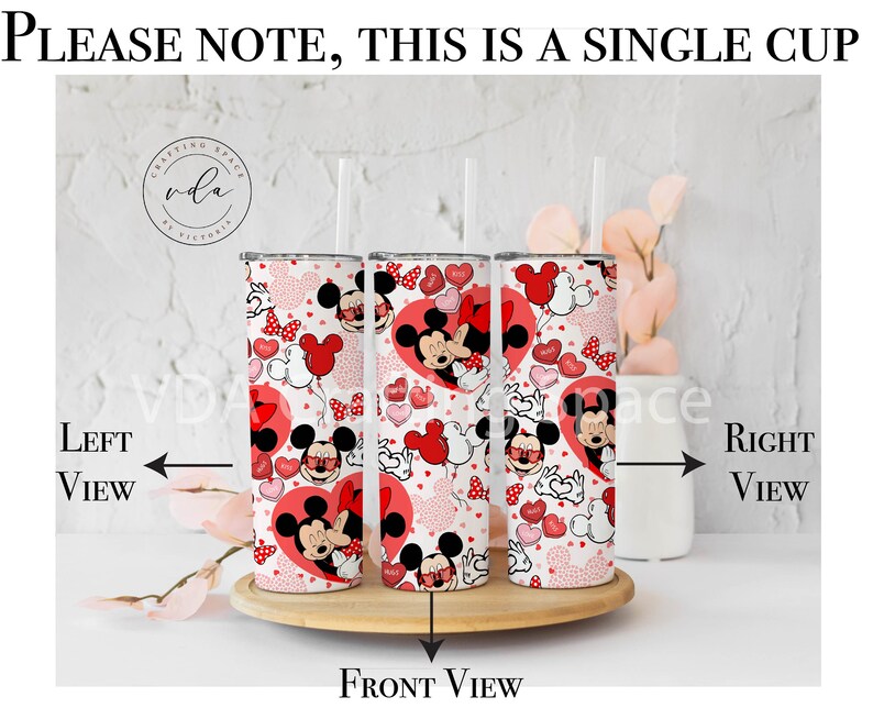 May include: A set of three stainless steel tumblers with a Valentine's Day theme. Each tumbler features a repeating pattern of Mickey and Minnie Mouse, hearts, and balloons in red, white, and black. The text "PLEASE NOTE, THIS IS A SINGLE CUP" is at the top.
