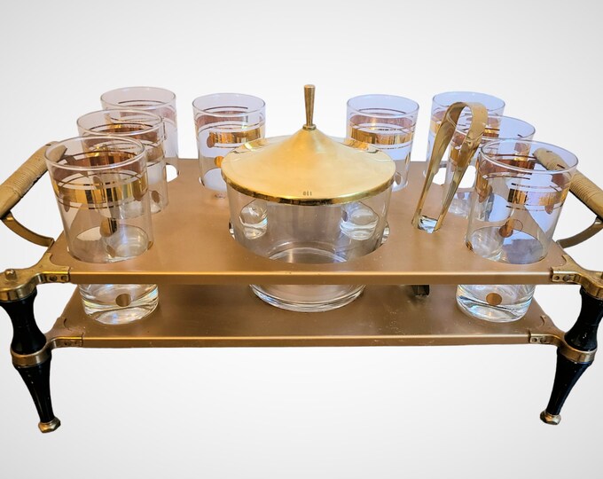 Mid Century Barware Set in Gold Polka Dots With Caddy and Ice Etsy