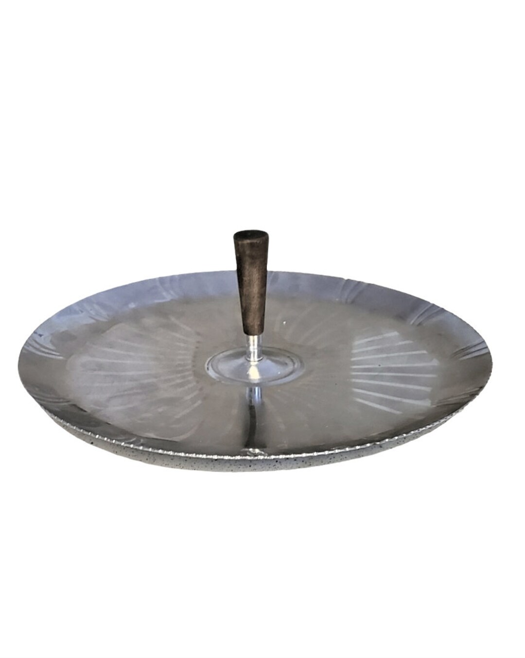 Large Chrome Serving Tray With Teak Handle in the Center Etsy