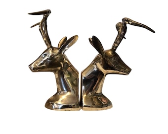 Coppia di fermalibri vintage in ottone a forma di antilope