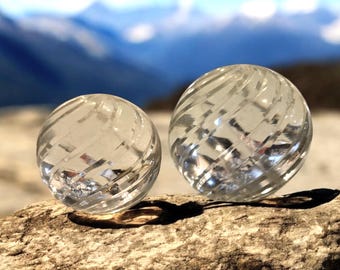 A Set of Spiral Swirled Crystal Glass Etched Ball Shaped Paperweights.