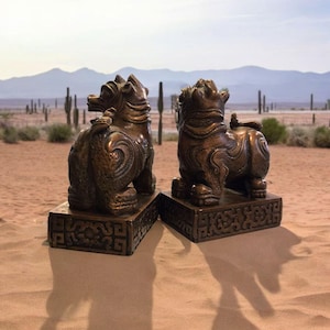 May include: A pair of bronze foo dog statues, each with intricate details and a raised base. The statues are facing opposite directions and are set against a desert landscape.