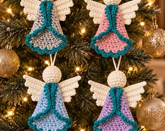May include: Four crocheted angel ornaments hanging on a Christmas tree. Each angel features a cream-colored head, white wings, and a dress in silver, pink, light blue, or lavender, all trimmed with a vibrant teal crocheted border.