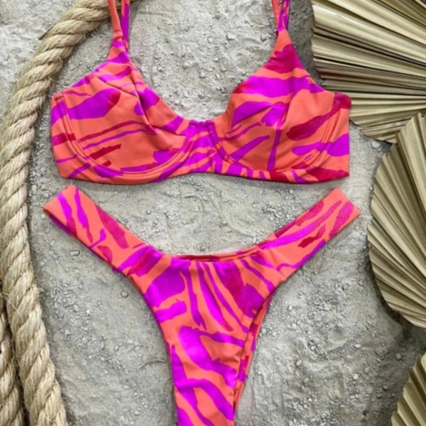 Pink and orange Brazilian bikini set - Safari print hang glider bottom and adjustable underwire top - soft high quality fabric