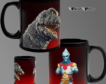 Godzilla Jet Jaguar 11oz Black Mug, Tribute King of the Monsters Coffee Mug, Sci-Fi Classic Japan Monster Movies