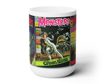 Monstruos famosos de Filmland, taza de café GRANDE de 15 oz, portadas de revistas de ciencia ficción Pulp Classic, cine de ciencia ficción vintage