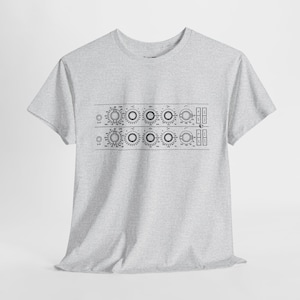 May include: A heather grey t-shirt with a graphic of a vintage audio mixing console printed on the front.