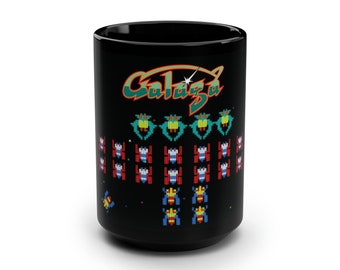 Galaga 15oz Mug, 1980&#39;s video game classic arcade game, Black Coffee Mug, starry background, Gen X