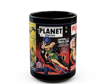 Planet Stories Black Mug 15oz, ciencia ficción pulp estadounidense, aventuras espaciales, Ray Bradbury, ciencia ficción clásica de los años 50